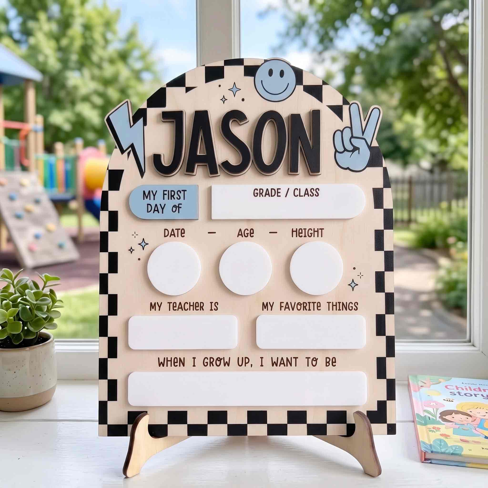 Personalized Blue Black Checkerboard First & Last Day School Sign, Reusable Dry Erase Board, Back to School Sign