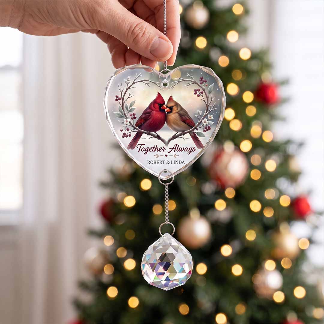 Together Always Cardinal Personalized Couple Custom Name Keepsake Heart Glass Christmas Ornament With Crystal Charm