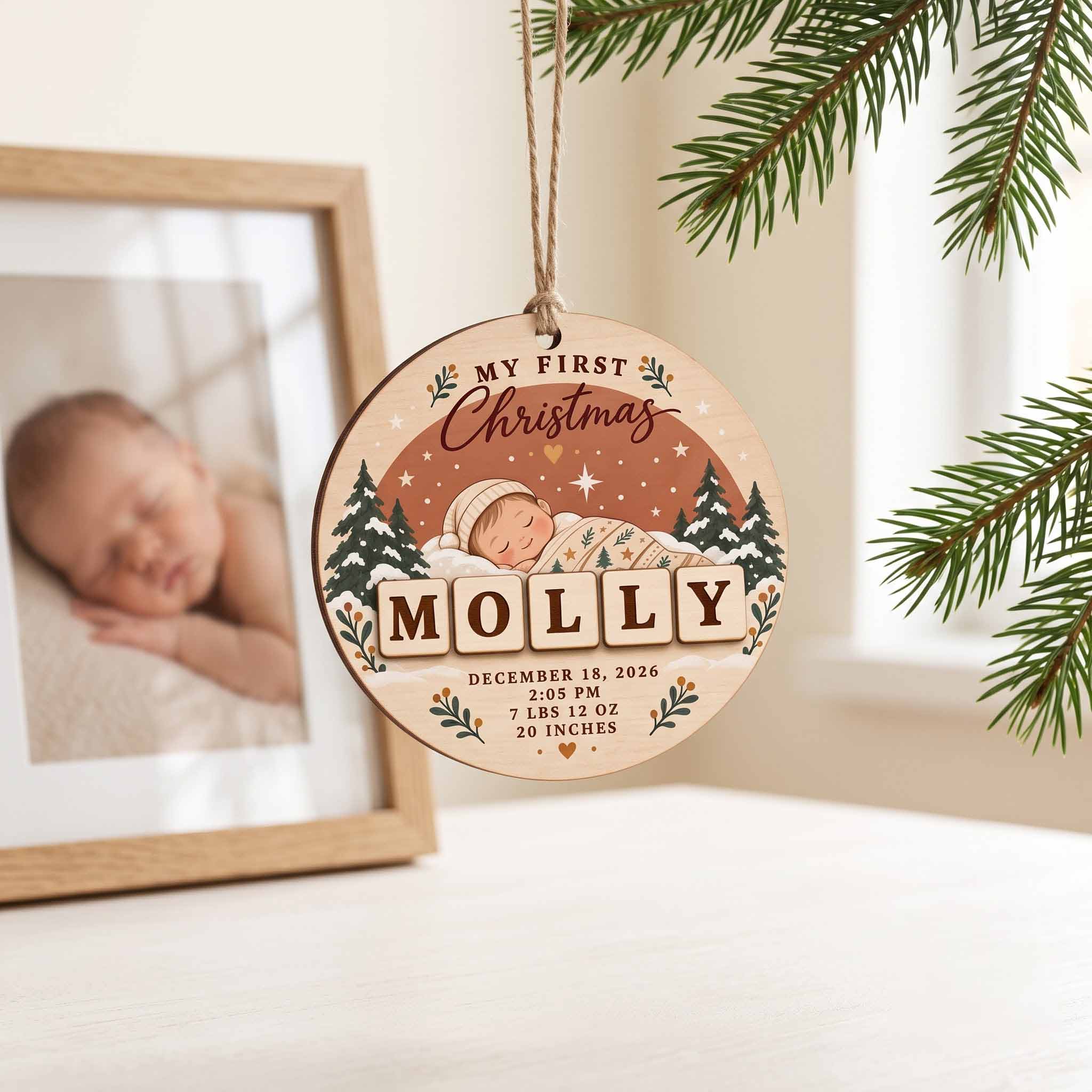 My First Christmas Baby Birth Stats Custom Name Date Newborn Baby Keepsake Wooden Christmas Ornament
