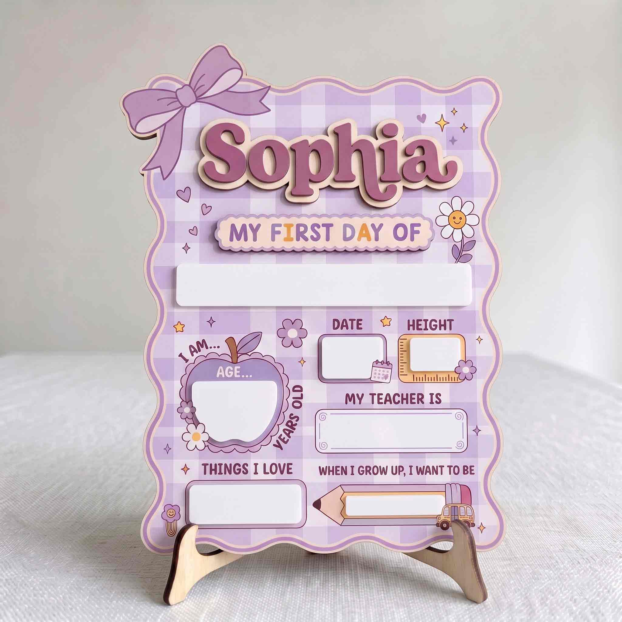 Personalized Purple Gingham Theme First & Last Day School Sign, Reusable Dry Erase Board, Back to School Sign