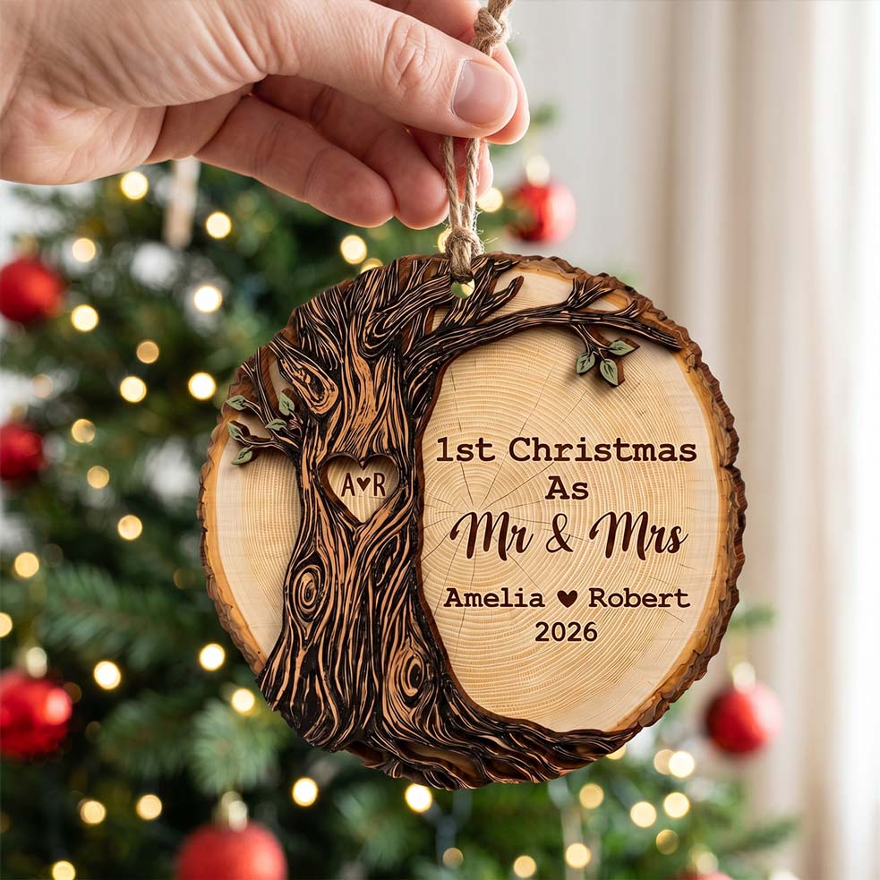 First Christmas Mr and Mrs Tree of Love Custom Names Date First Married Christmas Wooden Ornament
