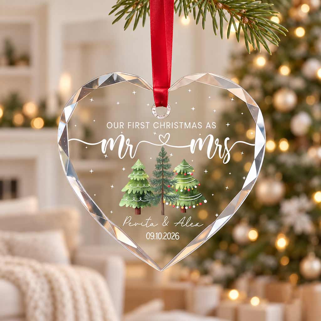 Our First Christmas as Mr & Mrs Custom Couple Name Date Wedding Heart Glass Christmas Ornament
