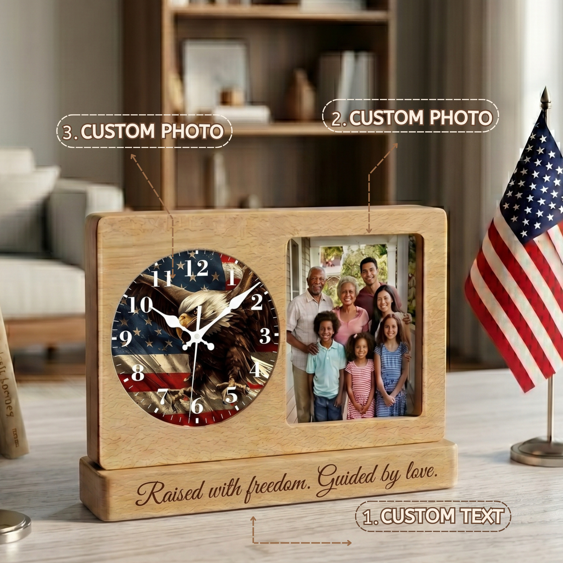 Personalized 250 Years Of Freedom Wooden Clock Frame Custom Family Photo Gift