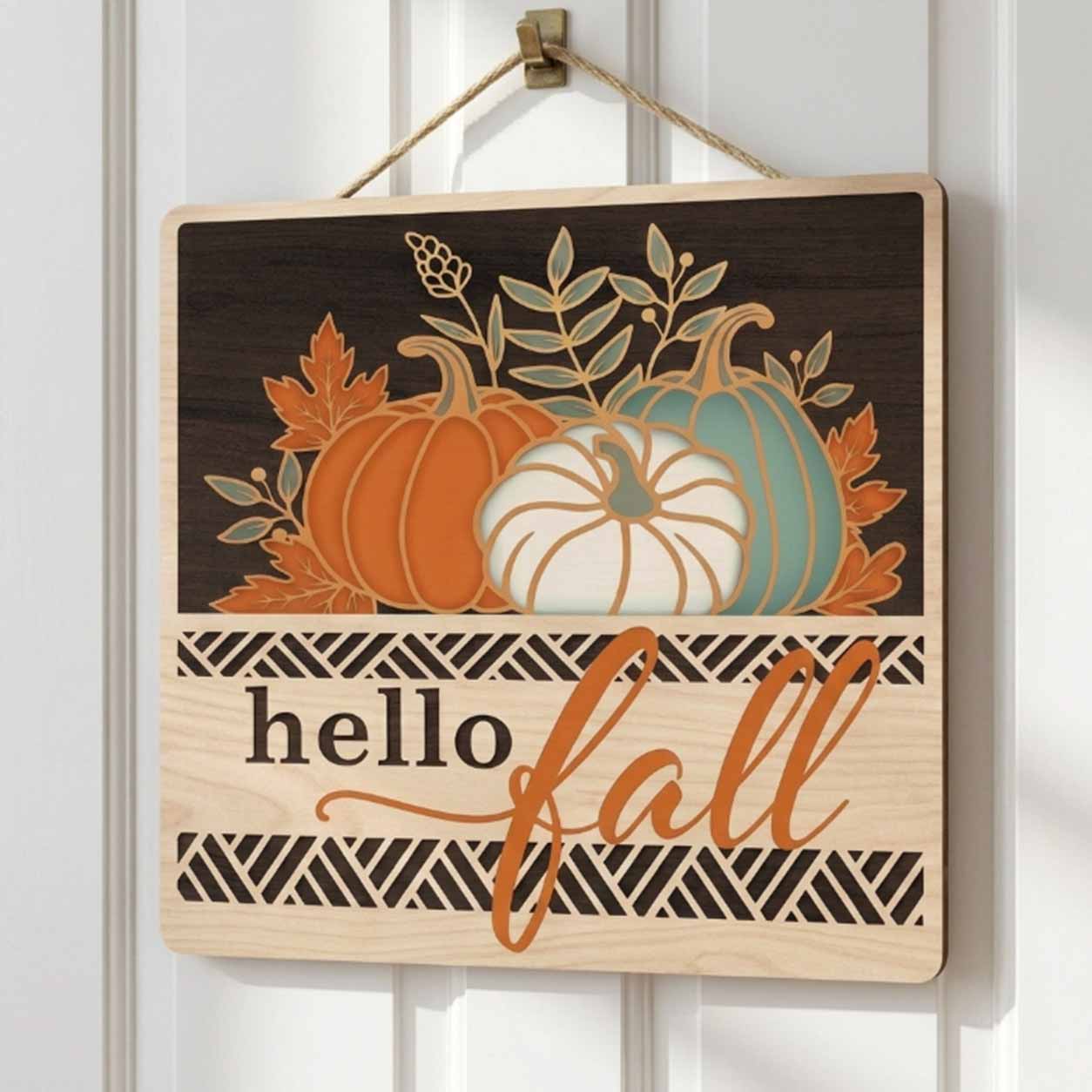 Fall Porch Decor, Pumpkin Themes Hello Fall  Wooden Fall Door Hanger,  Front Door Sign, Farmhouse Fall Decor