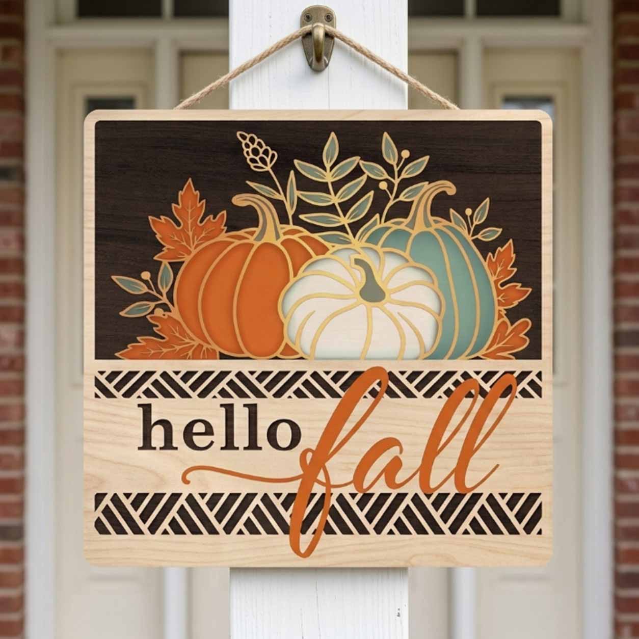 Fall Porch Decor, Pumpkin Themes Hello Fall  Wooden Fall Door Hanger,  Front Door Sign, Farmhouse Fall Decor