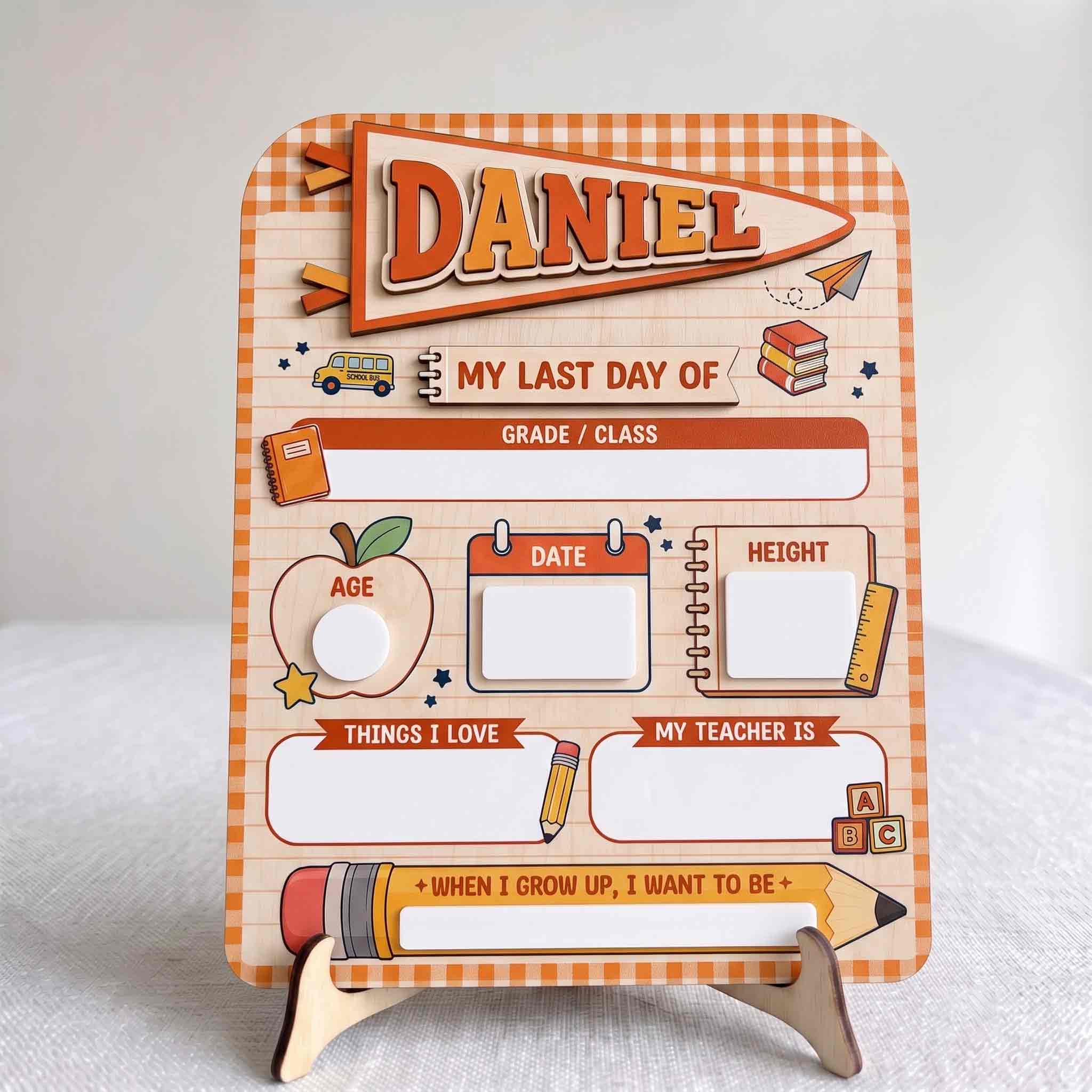 Personalized Orange Gingham Board First & Last Day School Sign, Reusable Dry Erase Board, Back to School Sign