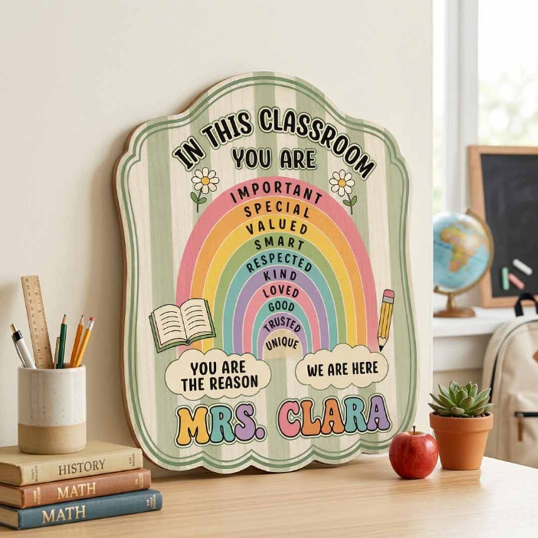 Personalized Teacher Name Wooden Sign Door Hanger Boho Rainbow Classroom Sign Wooden Classroom Decor, Back to School Sign