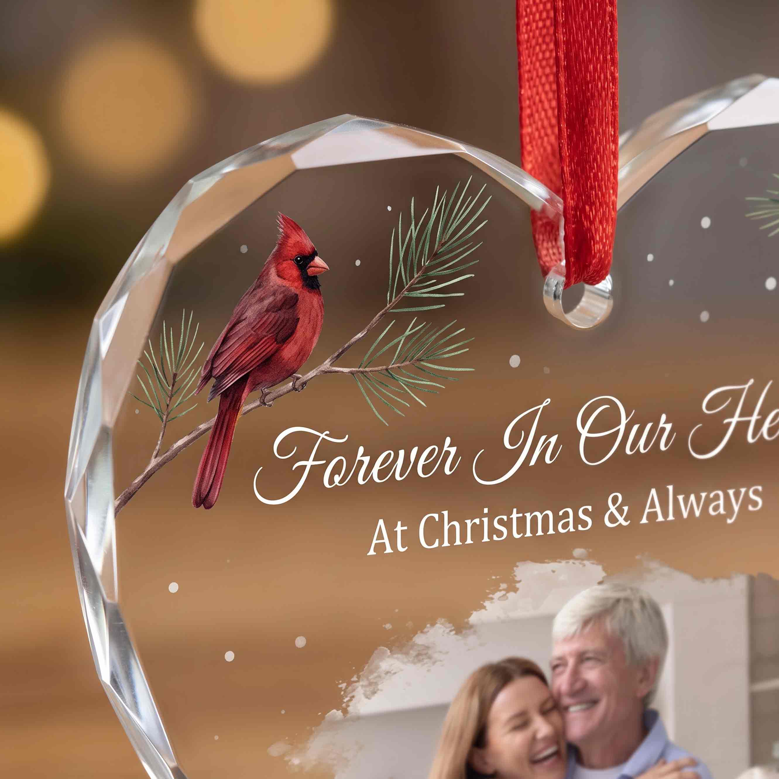Memorial Dad Cardinal Winter Sprig Personalized Memorial Custom Name Date Photo In Loving Memory Gift Heart Glass Christmas Ornament