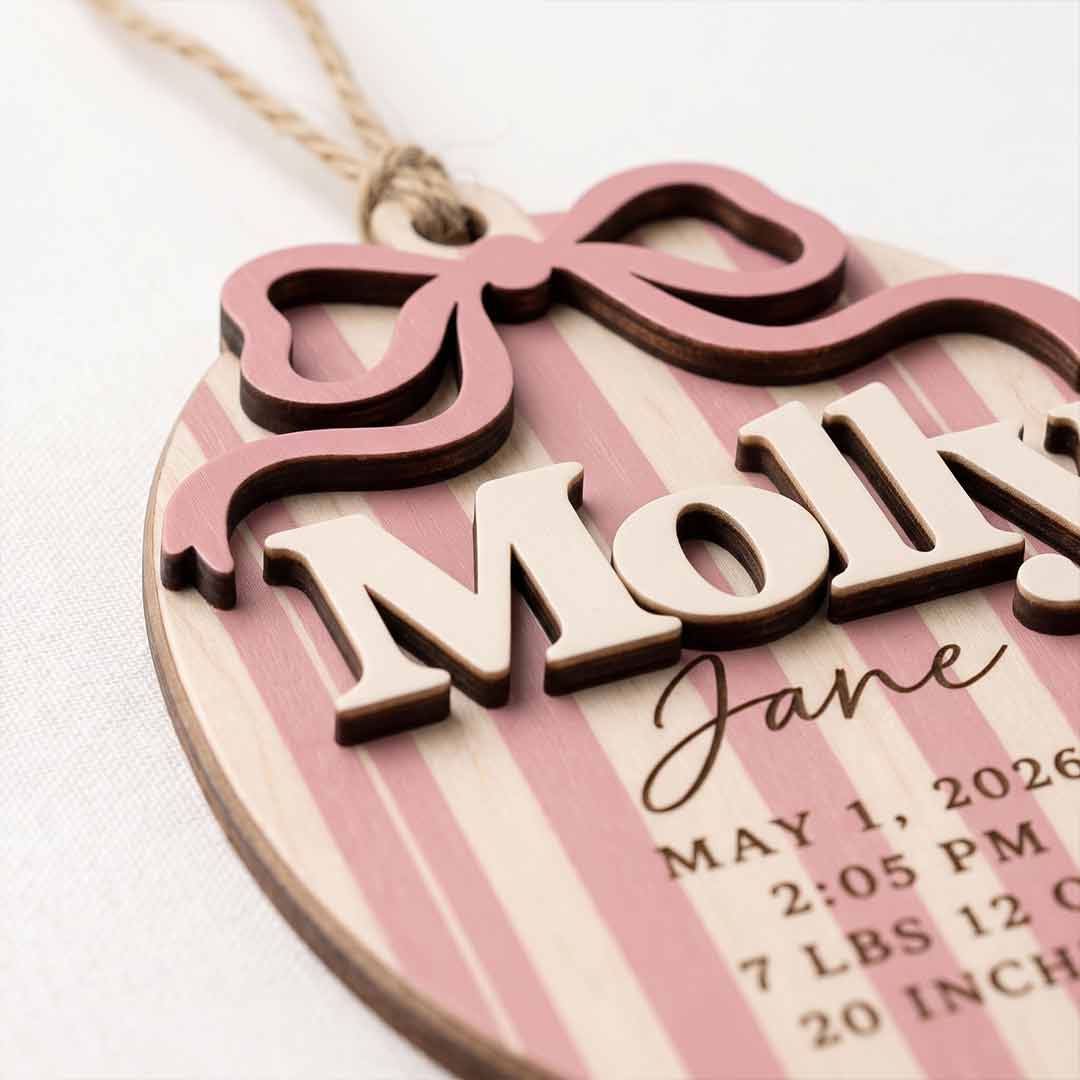 Pink Bow Birth Announcement Personalized Custom Name Date Time Weight Length Newborn 2-Layer Wooden Christmas Ornament Newborn Gift for New Parents