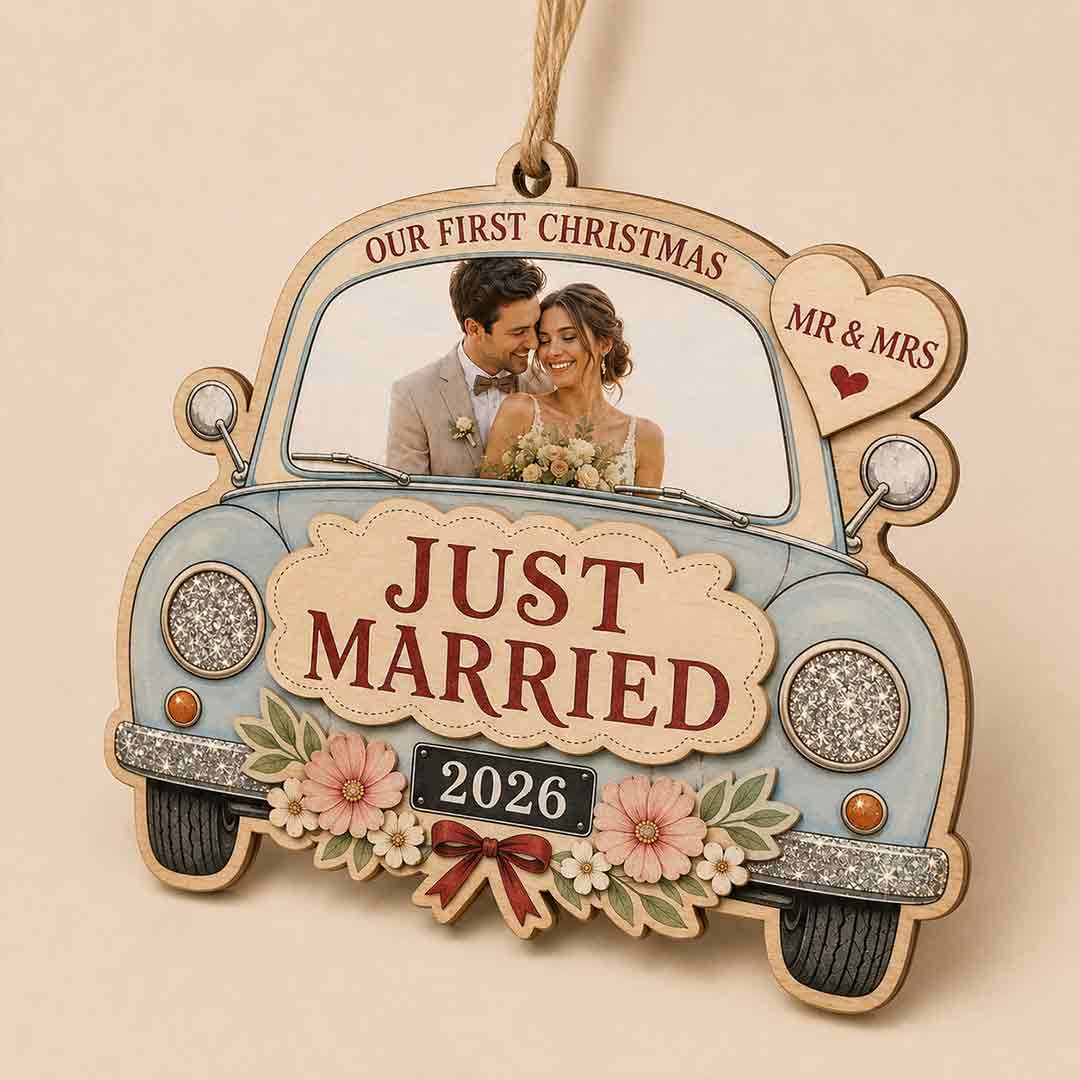 Just Married Wedding Car Personalized Custom Name Date Photo Wedding 2-Layer Wooden Christmas Ornament Newlywed Wedding Gift