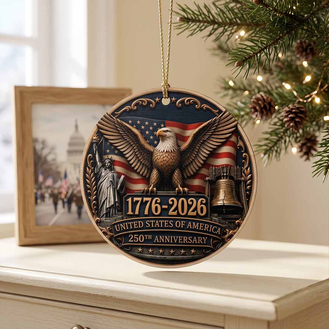 America's 250th Anniversary Bald Eagle Liberty Bell Patriotic Keepsake Personalized Patriotic 1-Layer Wooden Christmas Ornament for American Pride