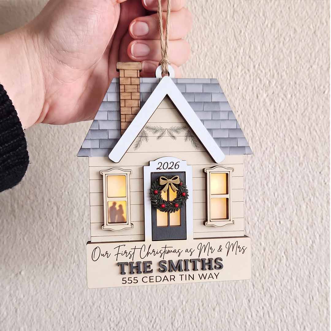 Our First Christmas as Mr and Mrs Personalized Couple Custom Name Date Address Wedding Gift Wooden Christma