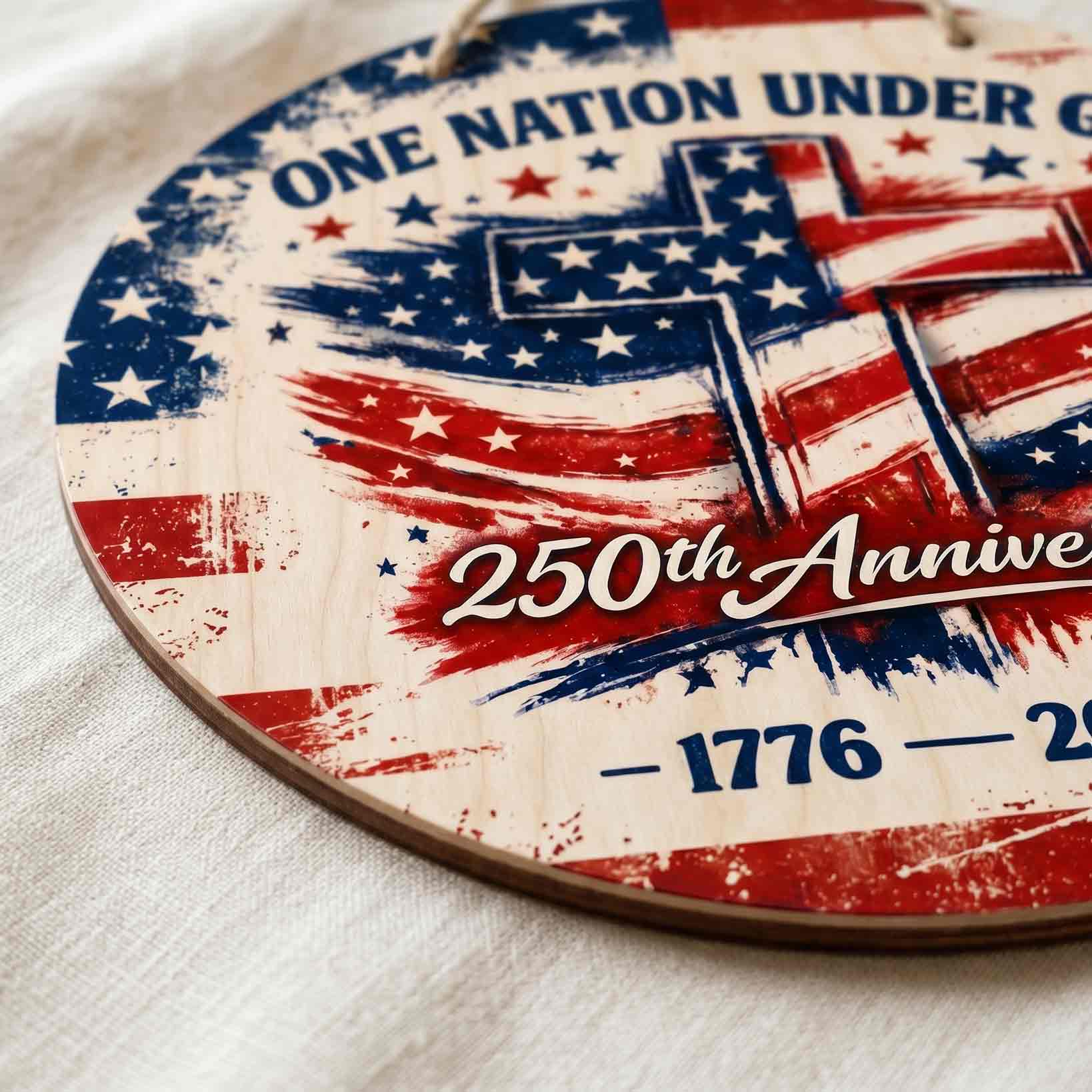 One Nation Under God Cross 250th Anniversary Wooden Sign