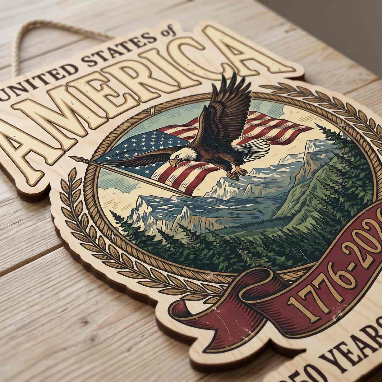 United States of America 250 Years of Freedom 1776-2026 Bald Eagle American Flag Patriotic Wooden Sign