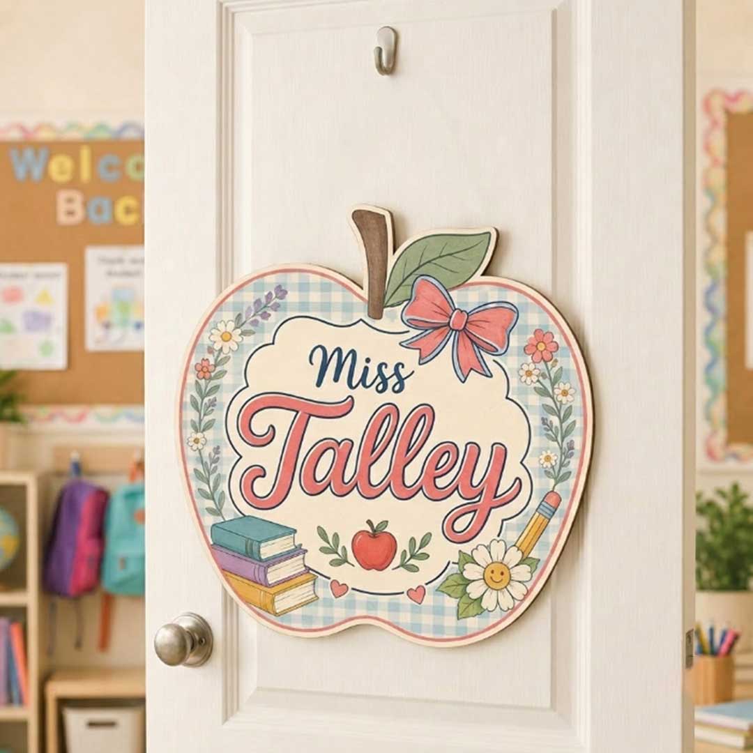 Personalized Teacher Name Wooden Sign Door Hanger Apple Style Classroom Sign Wooden Classroom Decor, Back to School Sign