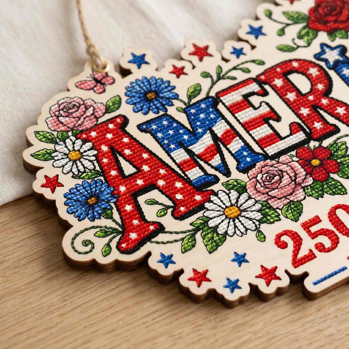 America 250 Years Patriotic Cross Stitch 1776-2026 Wooden Sign