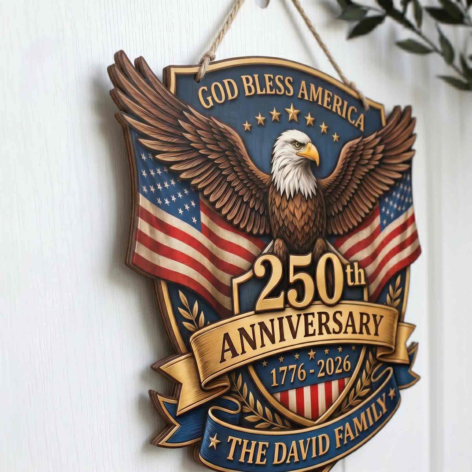Personalized America 250th Anniversary Wooden Sign With Family Name God Bless America Eagle Decor
