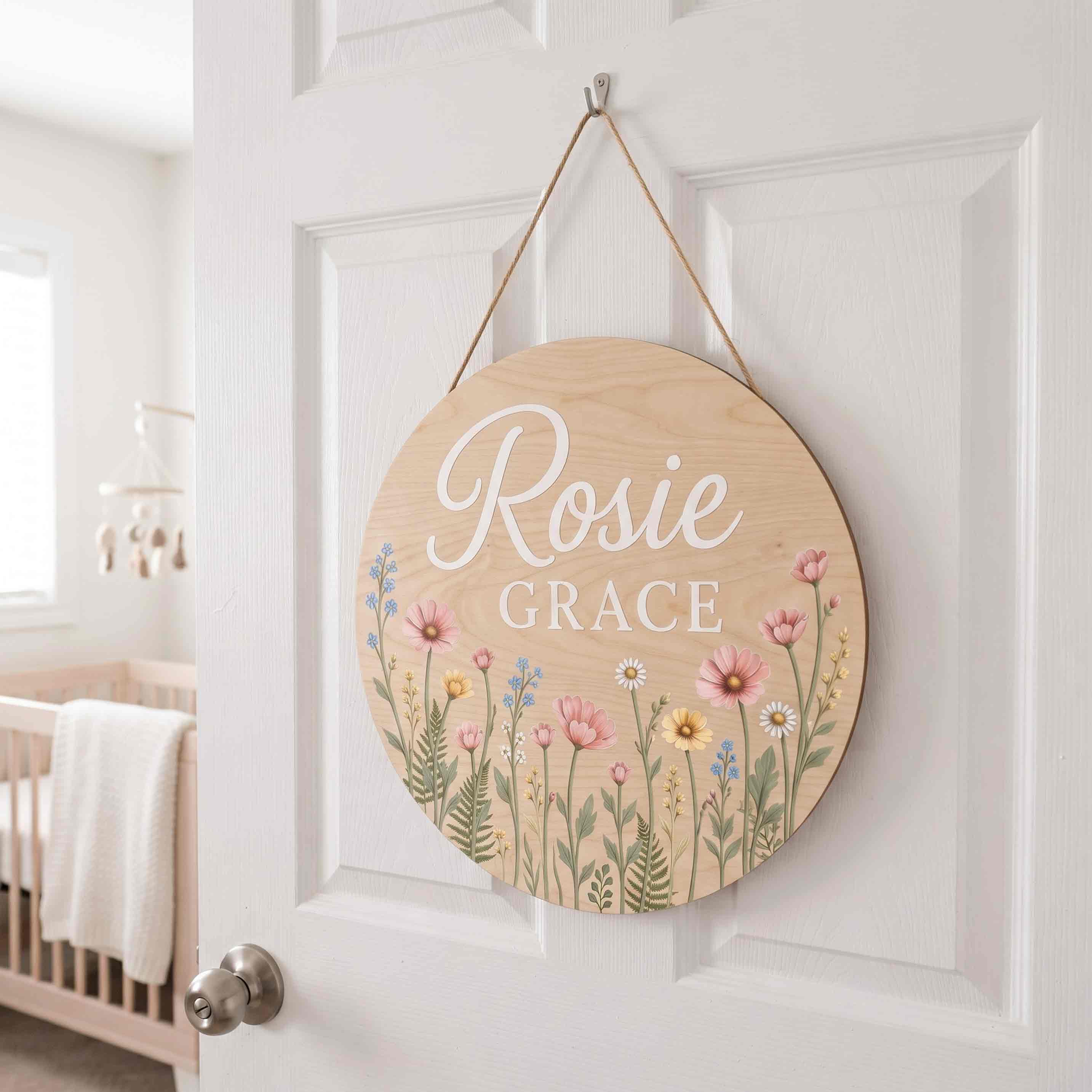 Personalized Wildflower Meadow Nursery Name Sign Wooden Baby Room Decor