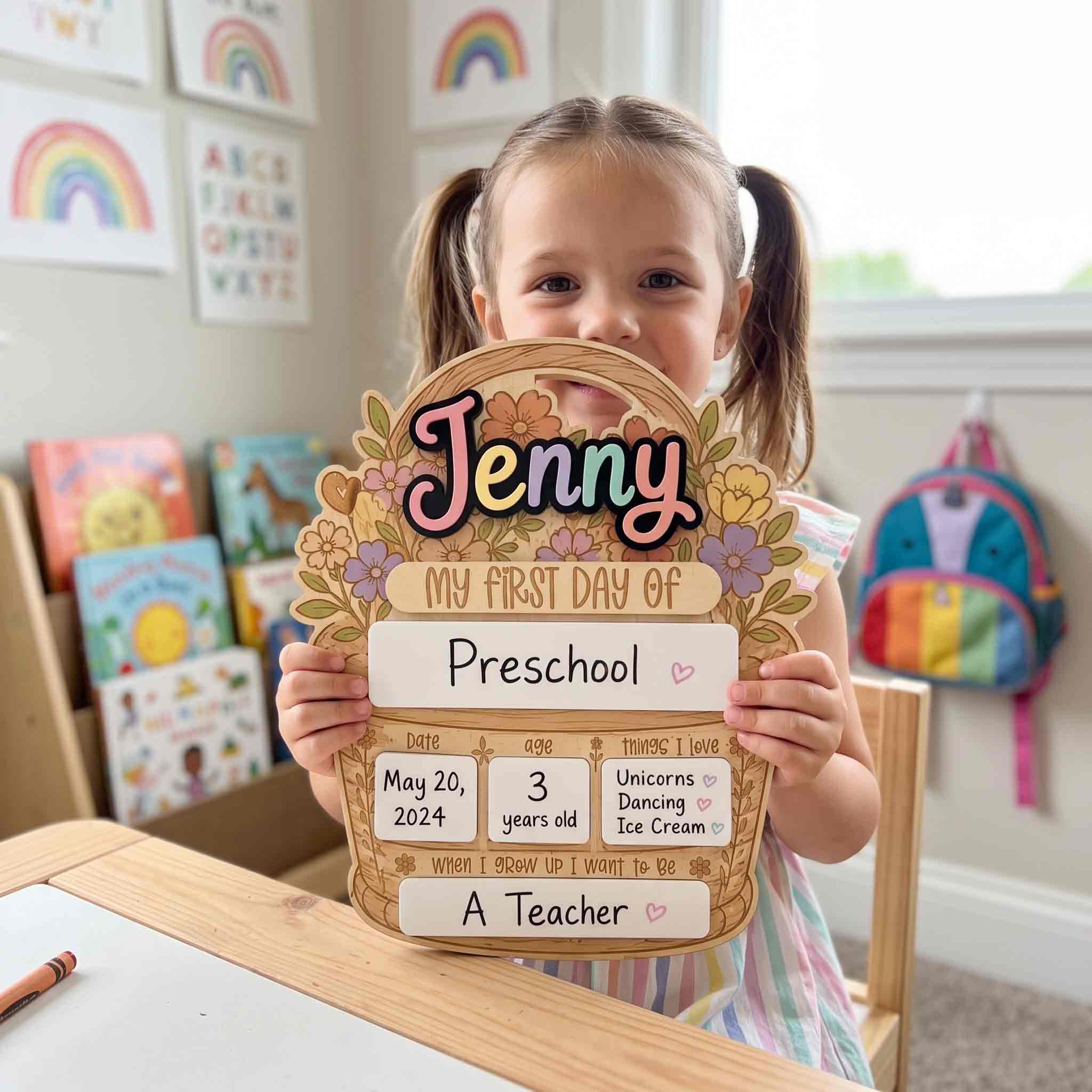 Personalized Flower Basket First & Last Day School Sign, Reusable Dry Erase Board, Back to School Sign