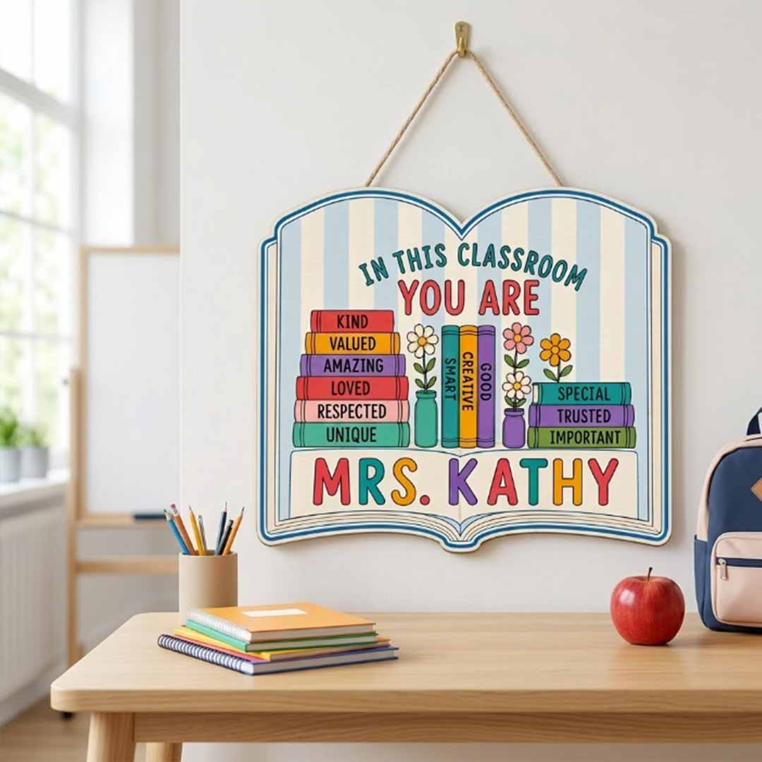 Personalized Teacher Name Wooden Sign Door Hanger Classroom Rules Book Themes Sign Wooden Classroom Decor, Back to School Sign