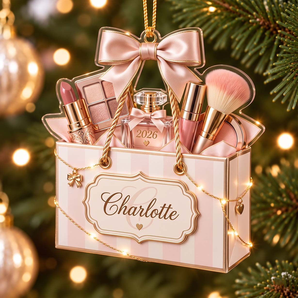Blush Pink Makeup Bag Perfume Brush Custom Name Date Acrylic Christmas Ornament Beauty Lover Christmas Tree Decor Gift