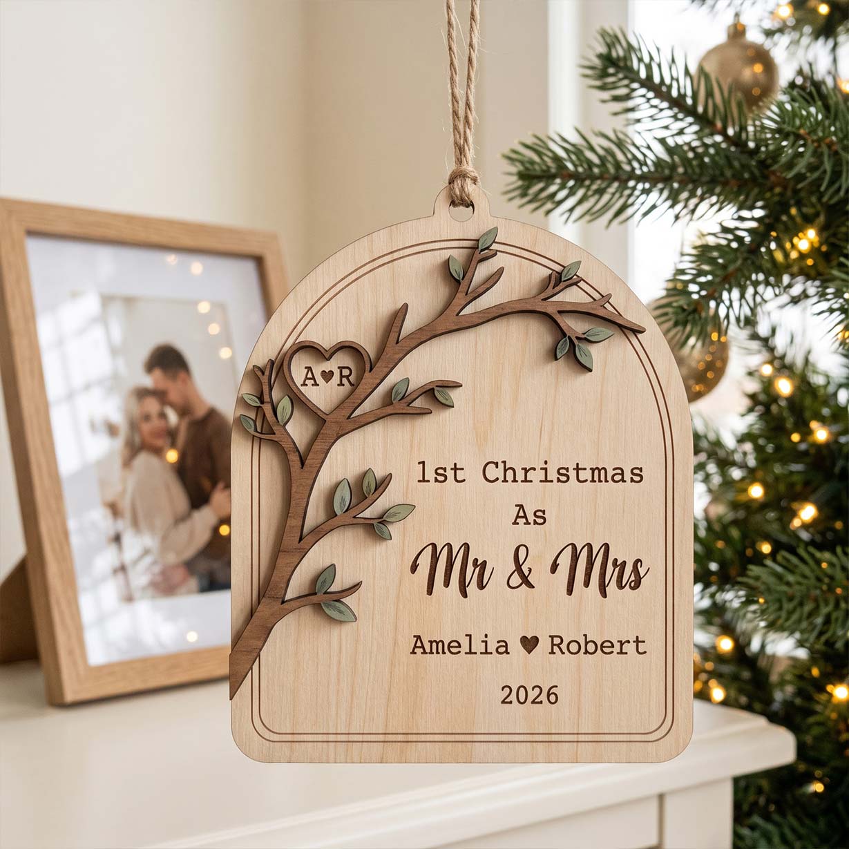 First Christmas Mr and Mrs Tree Branch Custom Names Date First Married Christmas Wooden Ornament