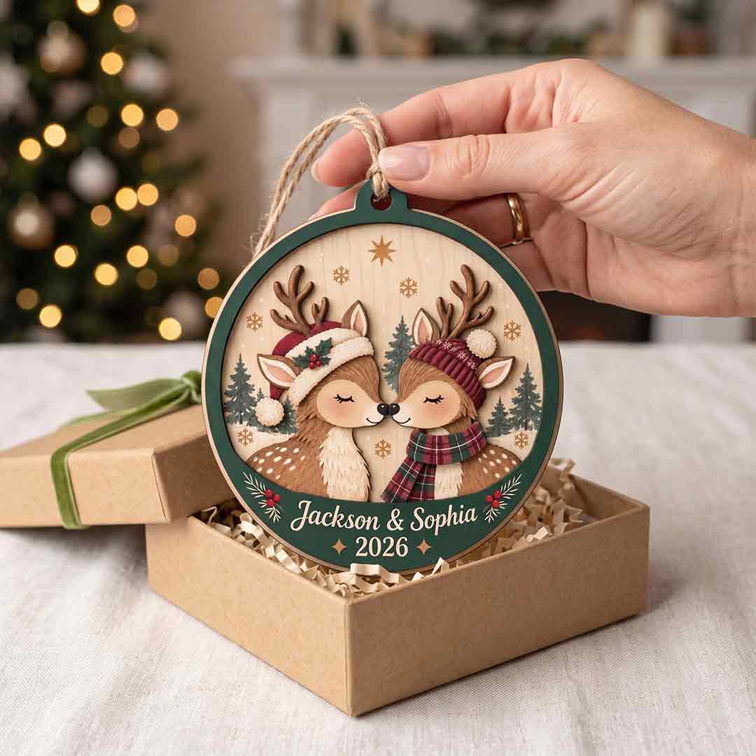 Reindeer Couple Christmas Personalized Custom Name Date Couple 2-Layer Wooden Christmas Ornament Christmas Gift for Couples