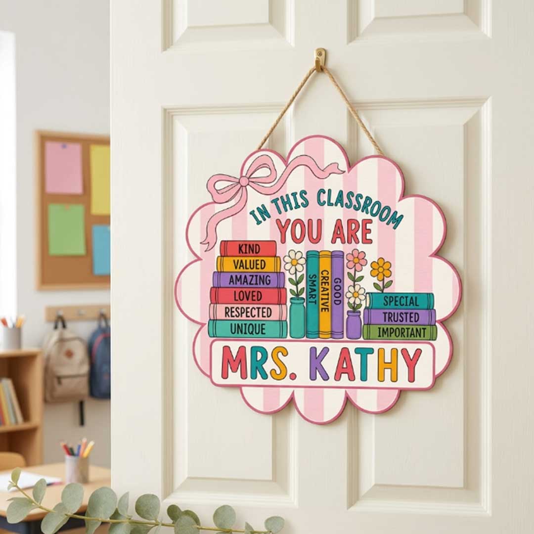 Personalized Teacher Name Wooden Sign Door Hanger Classroom Rules Sign Cottage Ribbon  Wooden Classroom Decor, Back to School Sign