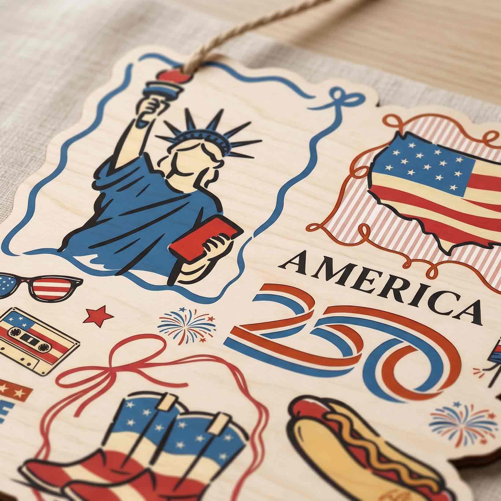 America 250 Statue of Liberty Justice for All Doodle Wooden Sign
