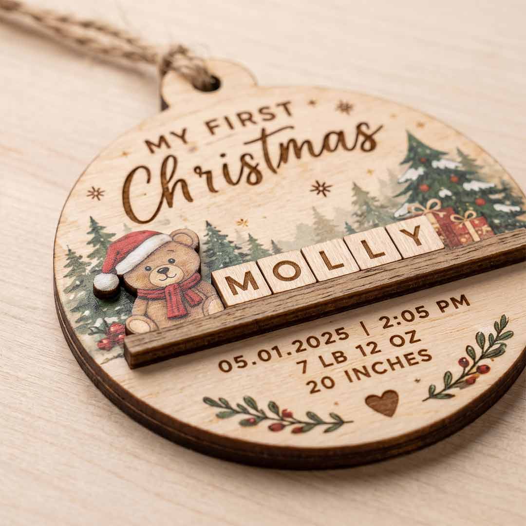 My First Christmas Teddy Bear Personalized Custom Name Date Newborn 2-Layer Wooden Christmas Ornament Baby's First Christmas Keepsake for New Parents