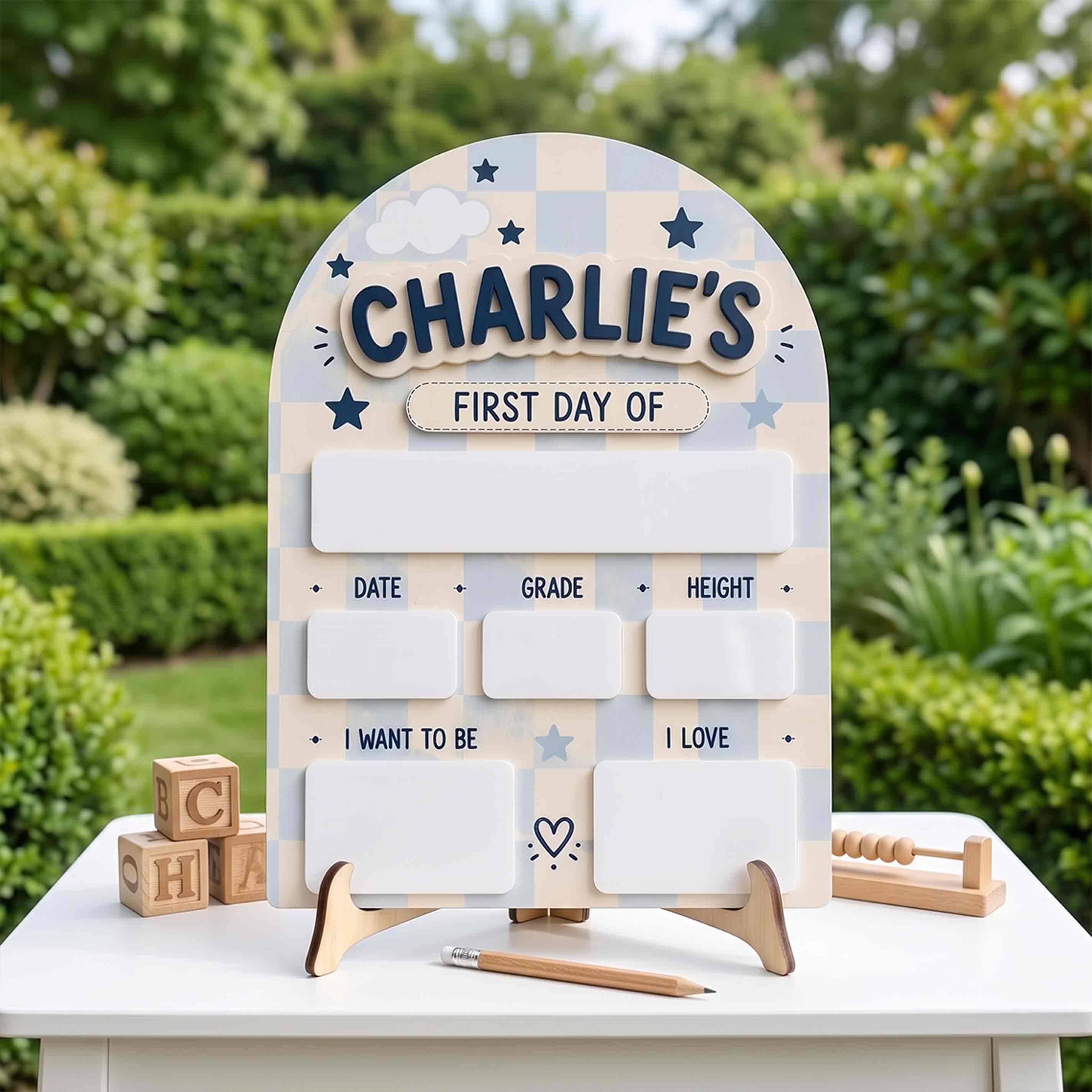 Personalized Pastel Blue Gingham First & Last Day School Sign, Reusable Dry Erase Board, Back to School Sign