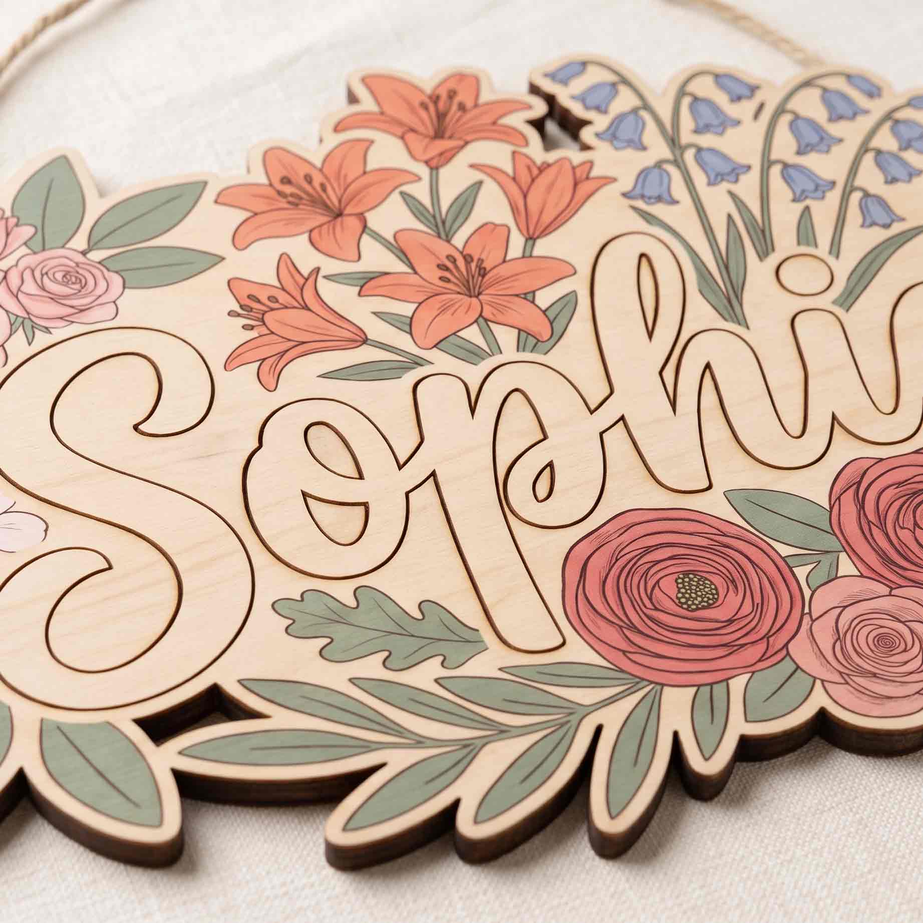 Personalized Botanical Flower Name Wooden Sign