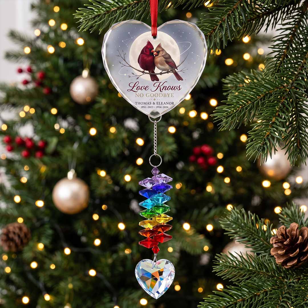 Love Knows No Goodbye Cardinal Personalized Couple Custom Name Date Memorial Keepsake Gift Heart Glass Christmas Ornament With Crystal Charm
