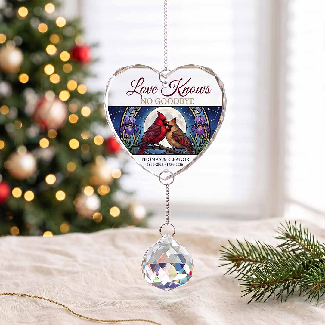 Love Knows No Goodbye Floral Cardinal Personalized Memorial Custom Name Date Loved One Sympathy Keepsake Heart Glass Christmas Ornament With Crystal Charm
