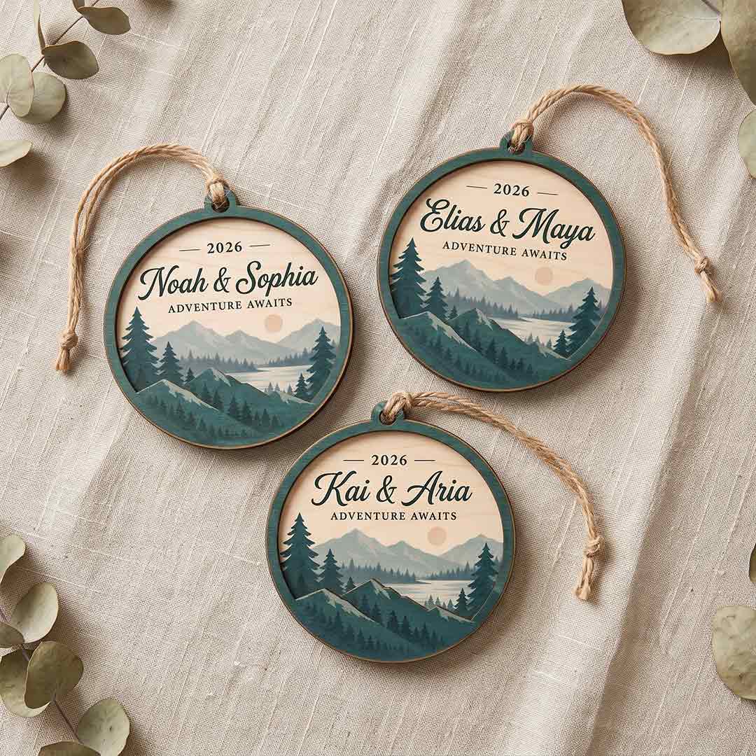 Adventure Awaits Mountain Lake Personalized Custom Name Date Couple 2-Layer Wooden Christmas Ornament for Couples Gift