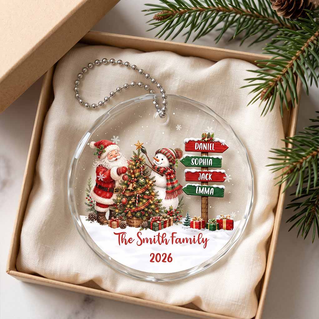 Santa and Snowman Christmas 2026 Holiday Keepsake Personalized Custom Name Date Family Round Glass Christmas Ornament for Family Gift