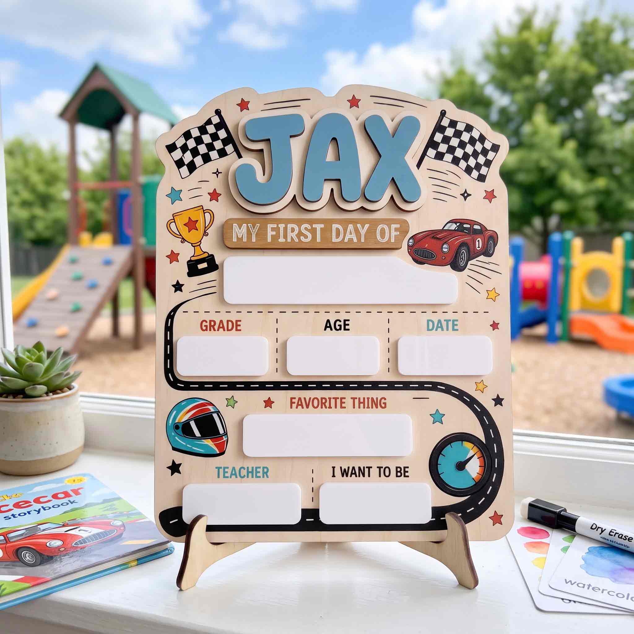 Personalized Speedway Race Theme First & Last Day School Sign, Reusable Dry Erase Board, Back to School Sign