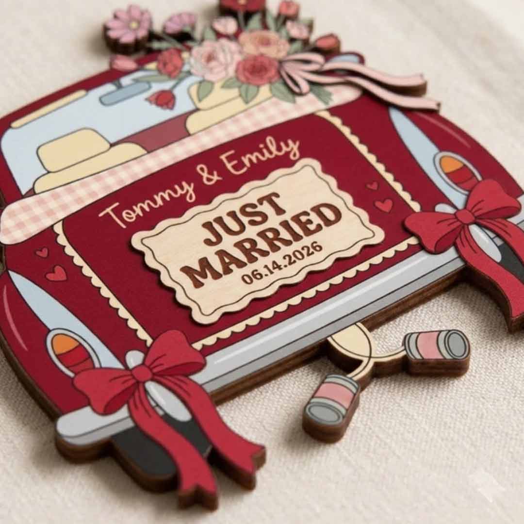 Just Married Wedding Car Personalized Custom Name Date First Wedding 2-Layer Wooden Christmas Ornament Newlywed Couple Christmas Gift