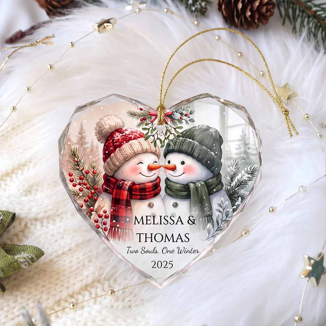 Two Souls One Winter Snowman Couple Personalized Couple Custom Name Date Christmas Gift Heart Glass Christmas Ornament