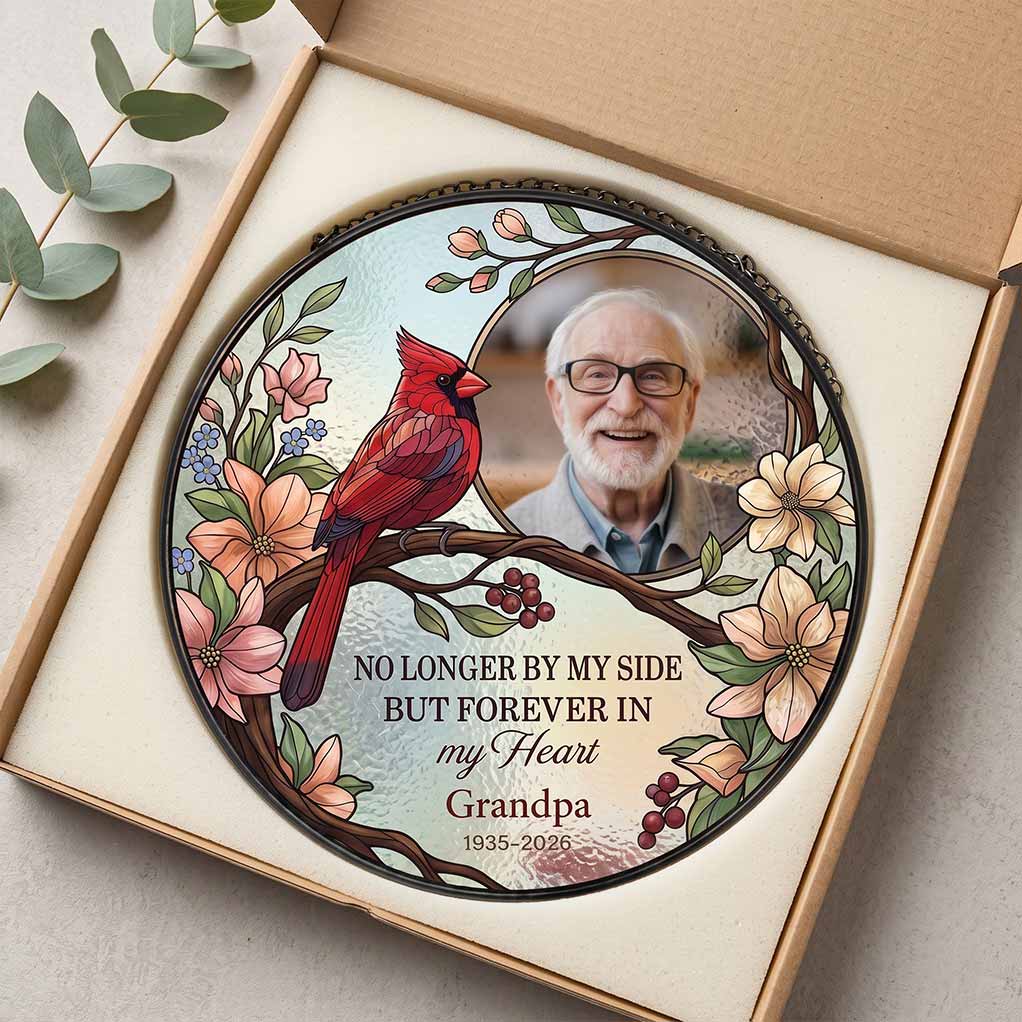 No Longer by My Side but Forever in My Heart 2026 Grandma Memorial Personalized Custom Name Date Photo Memorial Keepsake Stained Glass Suncatcher Ornament for Loss of Grandma