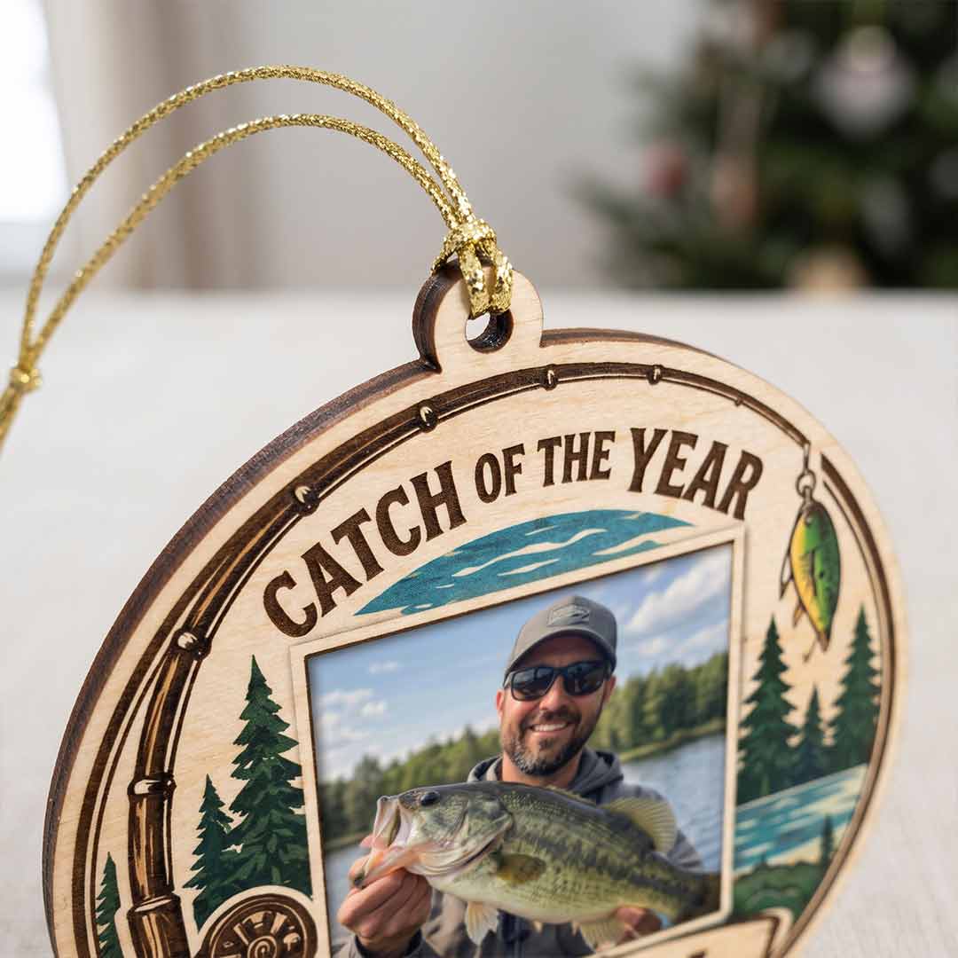 Catch of the Year Fishing Rod Fisherman Keepsake Personalized Custom Name Photo Fishing 1-Layer Wooden Christmas Ornament for Fishing Lovers Gift