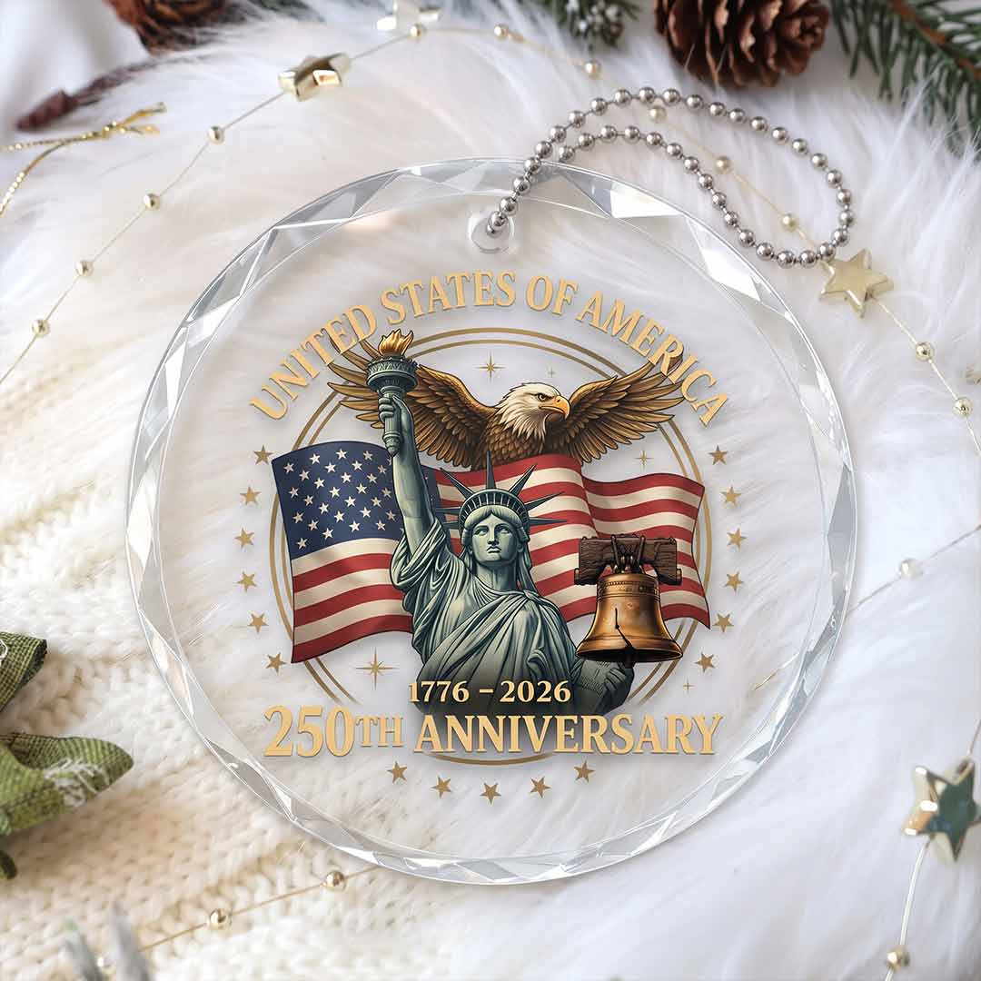 United States Freedom 250 Patriotic American Heritage Independence Round Glass Christmas Ornament