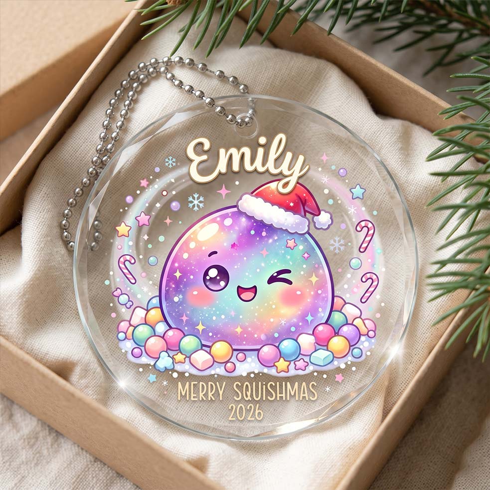 Merry Squishmas Santa Squishy Custom Name Date Round Glass Christmas Ornament Cute