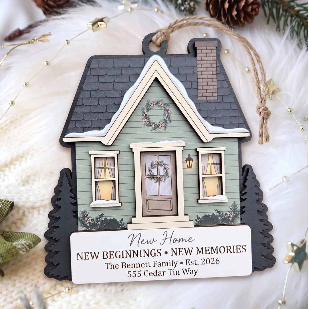 New Home New Beginnings New Memories Personalized Custom Name Date Address Wooden Ornament