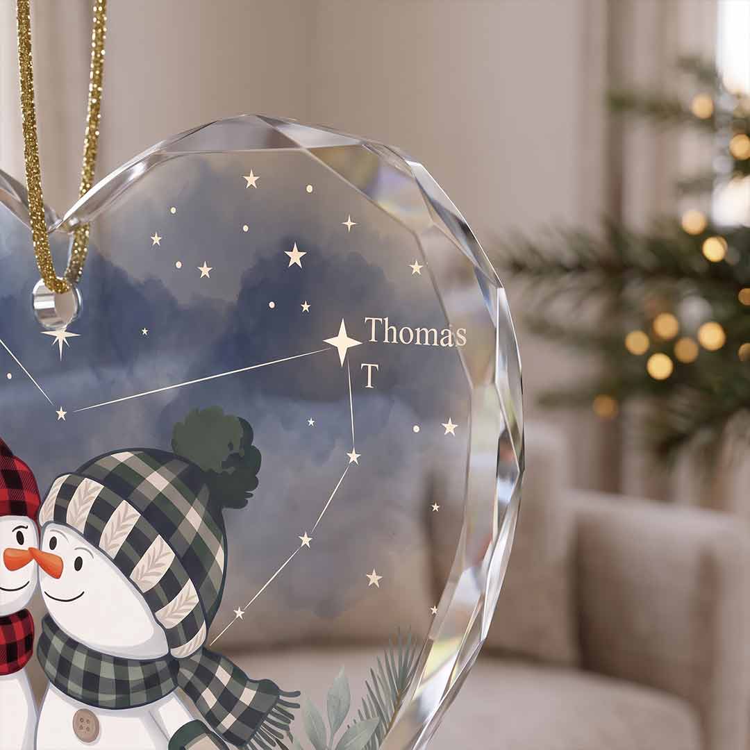 Starry Constellation Snowman Couple Personalized Couple Custom Name Date Christmas Gift Heart Glass Christmas Ornament