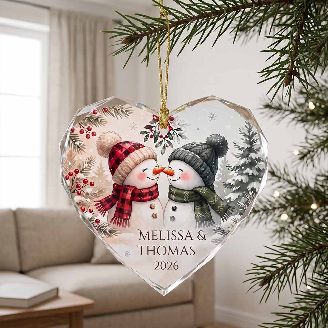 Snowman Couple First Christmas Personalized Couple Custom Name Date Christmas Gift Heart Glass Christmas Ornament