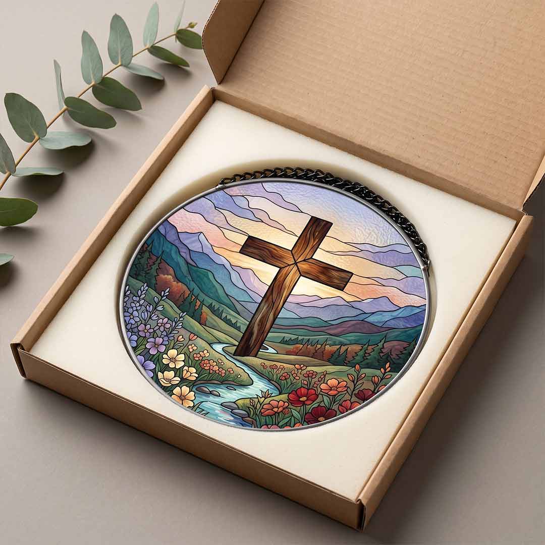 Mountain Cross Wildflower Landscape Faith Hope Spiritual Nativity Stained Glass Suncatcher Christmas Ornament