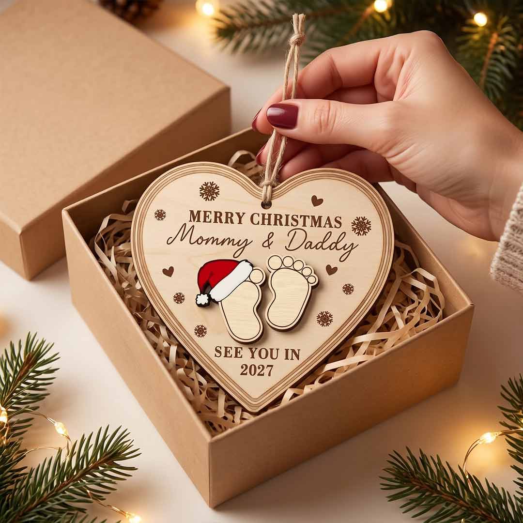 Merry Christmas Mommy and Daddy See You in 2027 Personalized Custom Name Date Newborn 2-Layer Wooden Christmas Ornament for Pregnancy Announcement