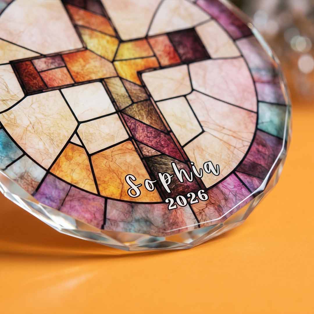 Christian Cross Religious Faith Personalized Custom Name Date Religious Keepsake Nativity Round Glass Christmas Ornament