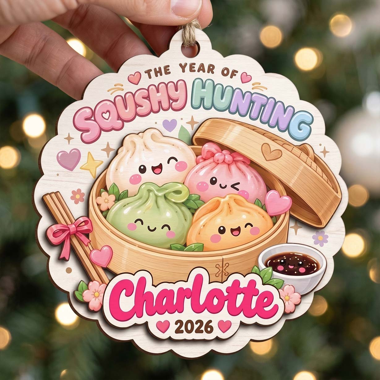 Squishy Hunting Dumpling Basket Custom Name Date Wooden Ornament Foodie